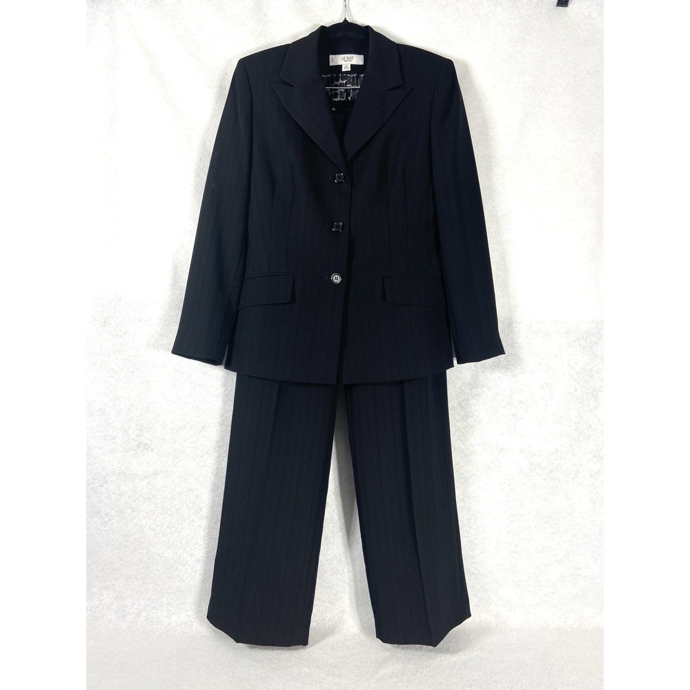 Le Suit 2PC Pants Suit Women's Petite 8P Black Blazer Button Striped Career